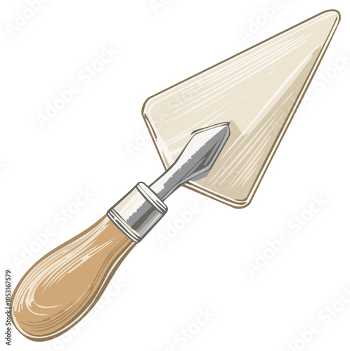 Illustration of a pointed masonry trowel with a wooden handle for construction and repair