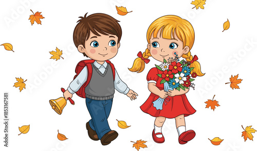 Cartoon children walking with bell and bouquet, autumn leaves falling, festive school moment – flat vector illustration