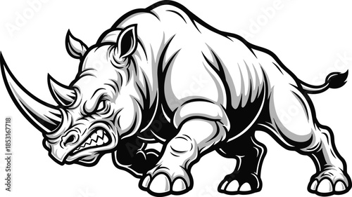 Aggressive cartoon rhinoceros in dynamic pose with sharp teeth, bold shading, sports mascot style – flat vector illustration