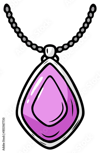 Cartoon style pendant necklace with a pink gemstone and silver chain