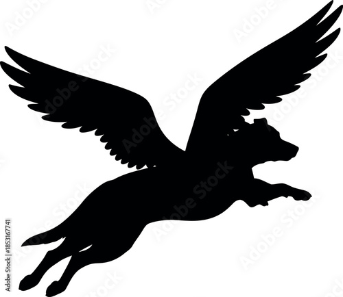 Silhouette of Flying Winged Dog Pegasus Mythical Creature Isolated Vector Illustration