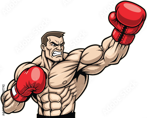 Cartoon boxer throwing punch with red gloves, muscular build, intense expression, aggressive stance, sports action – flat vector illustration