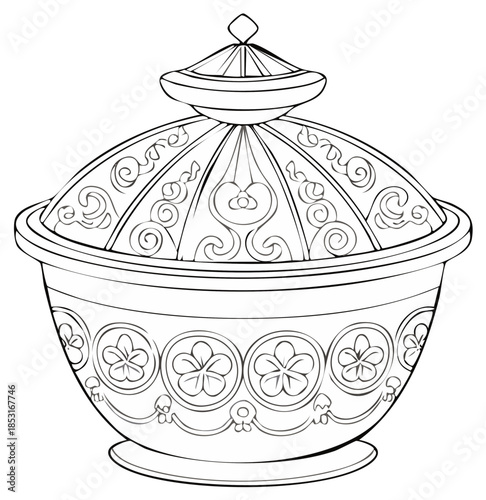Ornate covered serving dish with detailed botanical motifs and curvilinear scroll designs line art drawing