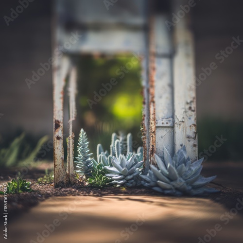 Rustic doorway framing succulents and green foliage with soft lighting