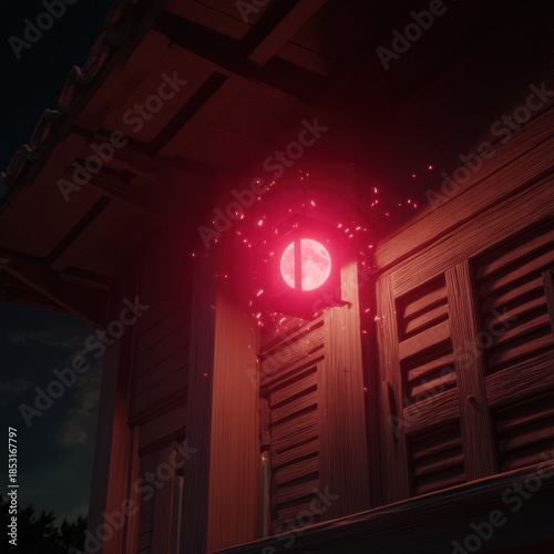 Glowing red orb illuminating a building facade at dusk with a dark atmosphere