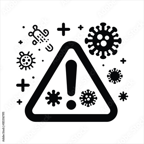 A triangular warning sign with an exclamation mark surrounded by virus symbols and medical crosses