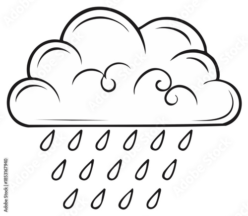 Simple black and white cartoon rain cloud with falling raindrops icon