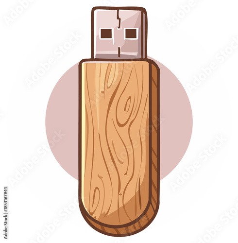 Cartoon illustration of a wooden USB flash drive for data storage and technology