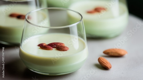 Close up of refreshing green drinks with almonds in clear glasses