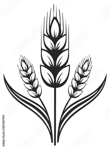 Stylized black and white vector icon of three wheat stalks or grain ears for agriculture and bakery