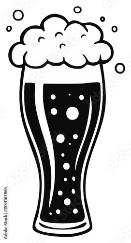 Classic tall glass filled with dark beer topped with frothy foam and bubbles
