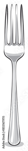 Illustration of a shiny metal fork for use with eating. Isolated silverware design.