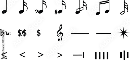 Diverse Collection of Vector Graphic Symbols for Creative Projects and Educational Content, Featuring Musical Notations, Mathematical Operators, and Common Interface Elements