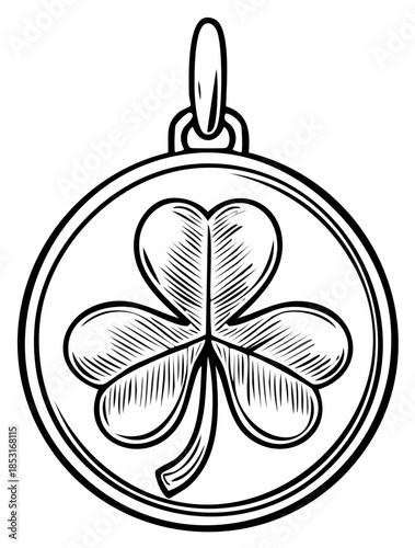Shamrock three leaf clover good luck charm medallion in a vintage woodcut style