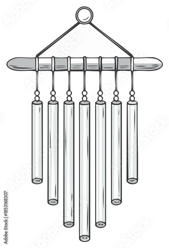 Hand Drawn Hanging Wind Chimes with Wooden Bar and Metal Tubes for Decoration