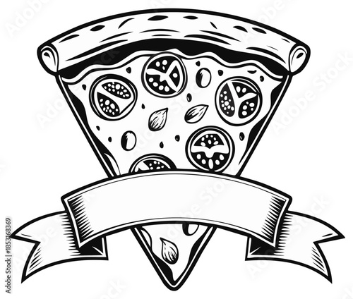A delicious slice of pizza with various toppings and an empty blank banner ribbon ready for text or logo design