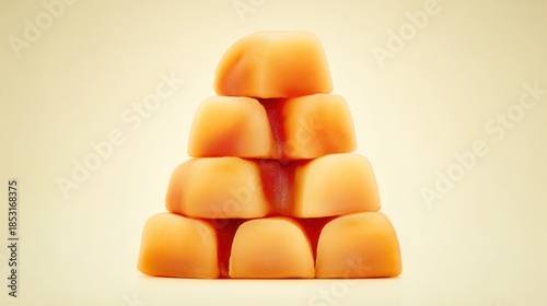 Stacked caramel candies in pyramid shape on a warm toned background