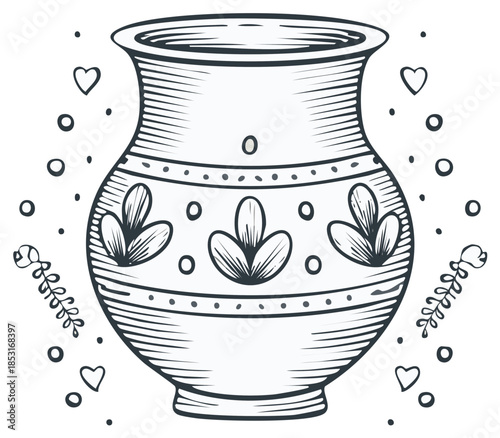 Ink drawing of a ceramic vase with decorative leaf and heart elements