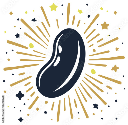 Navy blue jelly bean surrounded by bright golden starburst and whimsical sparkles