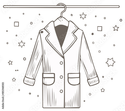 Elegant fashion coat jacket hanging on hanger clothes rail line art illustration