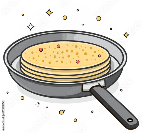Stack of cooked pancakes on a frying pan with decorative sparkle elements illustration