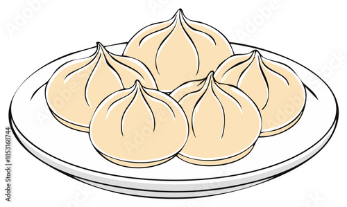 Illustration of five soup dumplings served on a white plate