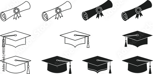 Collection of graduation caps and diplomas, symbolizing academic achievement and completion of studies