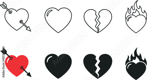 A versatile collection of heart icons depicting various emotional states, including love, heartbreak, and passion, ideal for expressing deep feelings and romantic themes in graphic design