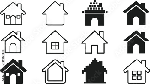 Set of home icons representing different housing styles and designs