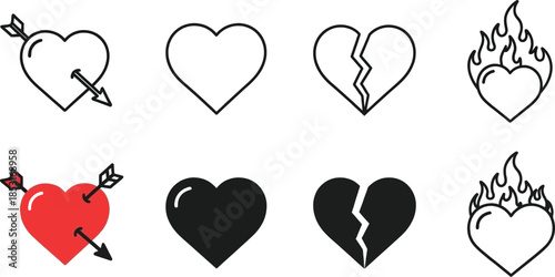 Collection of heart icons symbolizing love, broken hearts, and passion with arrows and flames