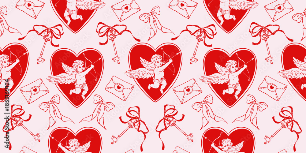 Fototapeta premium Romantic seamless Valentine’s Day pattern with cupid angels inside hearts, love letters, bows and vintage keys. Red and pink hand drawn illustration in retro style for wrapping paper, textile
