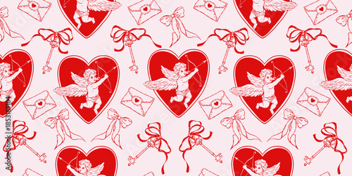 Romantic seamless Valentine’s Day pattern with cupid angels inside hearts, love letters, bows and vintage keys. Red and pink hand drawn illustration in retro style for wrapping paper, textile