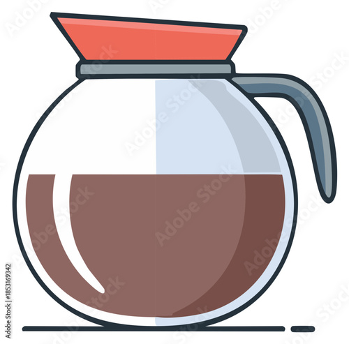 Modern flat design coffee pot with dark brown liquid and red lid for breakfast or cafe
