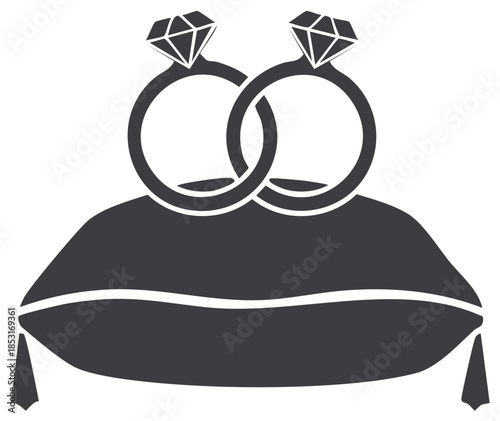 Two diamond wedding rings interlocked on a ring bearer pillow icon for a marriage ceremony