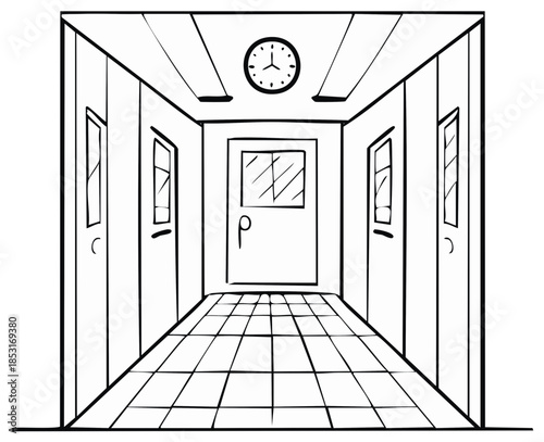 Empty perspective hallway with multiple doors tiled floor and wall clock in a simple line art drawing