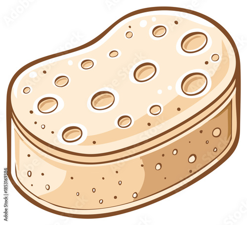 Cartoon illustration of a porous beige cleaning sponge for washing dishes and household chores