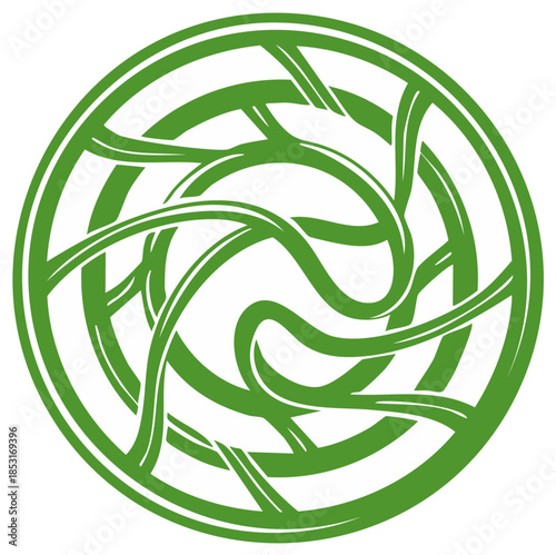 Intricate green Celtic knotwork symbol with interwoven flowing vines in a circular pattern