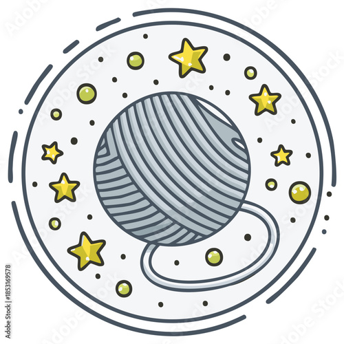 Cozy grey yarn ball surrounded by twinkling yellow stars and dots creative craft illustration