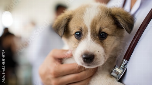 Adorable Puppy In Vet's Arms At Clinic With Stethoscope Showing Care, Health, And Bond