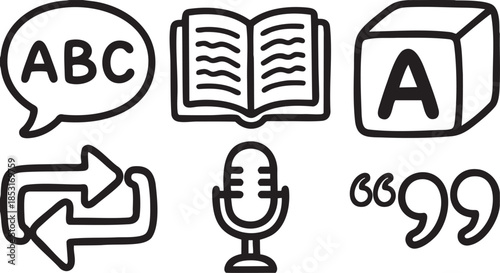 Speech bubble with A B C text open book cube with A letter arrows microphone and quotation marks