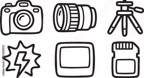 Black and white vector icons of camera equipment and accessories lens tripod flash memory