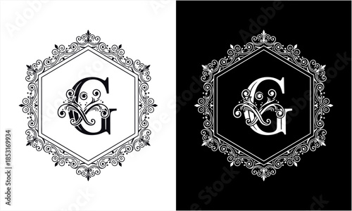 Elegant Letter G Monogram in Ornate Hexagonal Frame.
