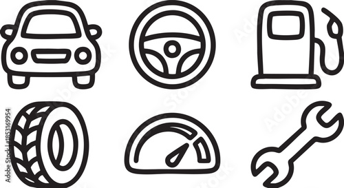 Black line art icons of car fuel pump tire steering wheel speedometer and wrench automobile vehicle