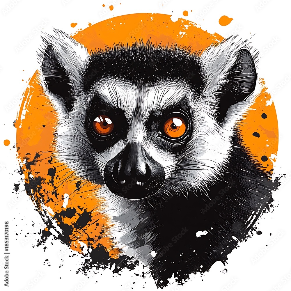 Fototapeta premium Lemur portrait with vibrant orange splatter art and grunge elements primate animal photo