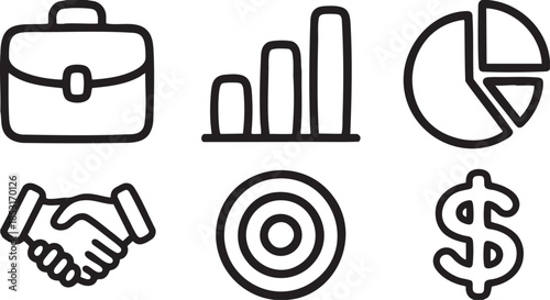Black outline icons briefcase bar chart pie chart handshake target dollar sign portfolio business