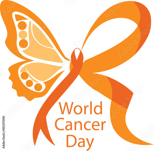 An orange awareness ribbon and butterfly wing combine to form a world cancer day graphic