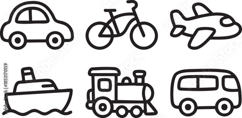 Black outline icons of car bicycle airplane boat train and bus on white background vector