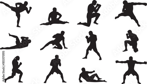 Silhouette Collection of Martial Arts Fighter Poses and Movements Keywords: martial arts, fighter, combat, fighting, silhouette, pose, movement, kick, punch, block, training, exercise, sport