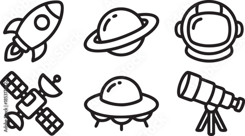 Black outline icons of rocket planet astronaut helmet satellite U F O telescope vector