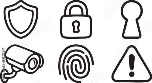 Black outline icons of shield padlock keyhole security camera fingerprint and warning sign vector